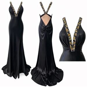 Y2K Prom Dress Maxi Black Rhinestones Sz 8 Halter Ruched Stretch Bodycon Shinny